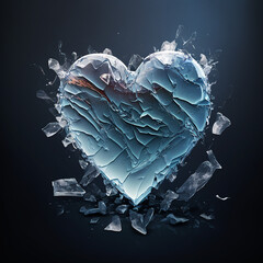 Icy heart broken into pieces on a black background close-up, a symbol of unhappy love, loss 