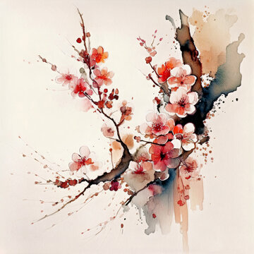 AI Generative Art, Sakura Blossom Branch, Pink Cherry Tree Blooming In Watercolor Style