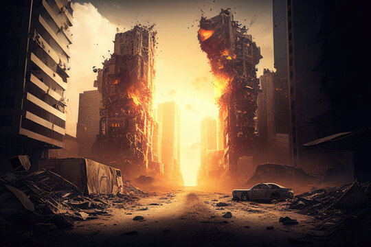 Post apocaliptic cityscape. Ruins in city after war. Destroyed buidings in city after earthquake. Abandoned houses. Created with Generative AI