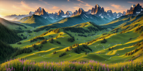 Beautiful summer mountain landscape at sunset. Illustration with mountains, trees, flowers, sky with clouds and setting sun. Green valley with forests, groves and roads. Generative AI