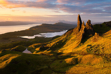 Beautiful golden sunrise at The Old Man of Storr, Isle of Skye, Scotland, UK. - 577789926
