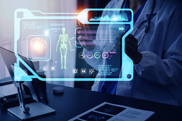 Medicine doctor working with digital medical interface icons on the hospital background, healthcare and Medical technology and network concept.