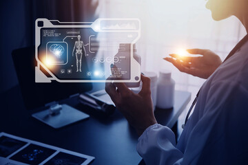 Medicine doctor working with digital medical interface icons on the hospital background, healthcare and Medical technology and network concept.