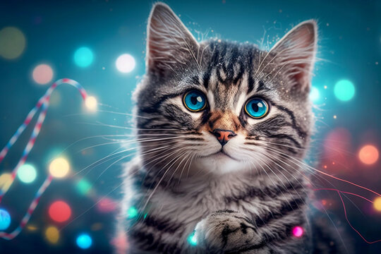Cute kitty with lights and confetti on the simple background, super photo realistic, generative ai