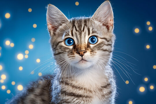 Cute kitty with lights and confetti on the simple background, super photo realistic, generative ai