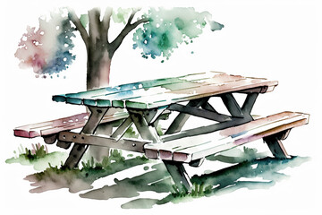 Empty picnic table with a tree watercolor, Generative AI - obrazy, fototapety, plakaty