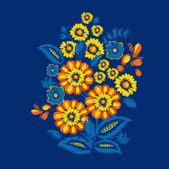 Traditional Ukrainian painting of Petrykivka. Elements of blue and yellow floral ornament. Decorative composition.