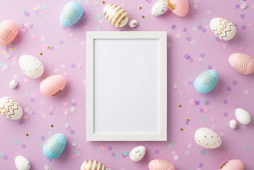 Easter concept. Top view photo of empty photo frame colorful easter eggs and confetti on isolated lilac background with copyspace