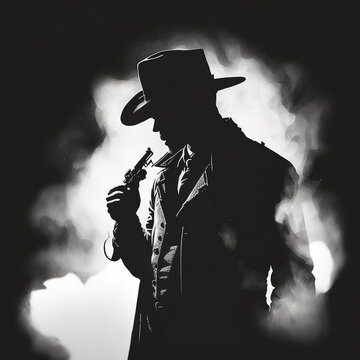 Black and white silhouette of a gangster in smoke. Generative AI.