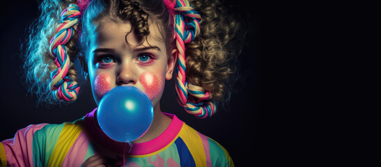 Fototapeta na wymiar 1980s little vintage girl front view in neon clothes and colorful blonde pigtail hair, blowing blue bubble gum, isolated on black with copy space, generative ai