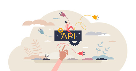 API as application programming interface for software mutual connection tiny person concept, transparent background.Program language system and coding compound illustration.