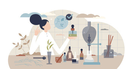 Apothecary drugs with chemical and herbal ingredients tiny person concept, transparent background.Medical prescription preparation using modern antibiotic herbs illustration.