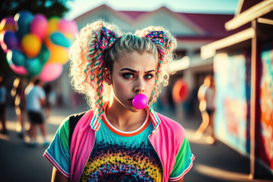 1980s vintage teenage girl in neon clothes and colorful blonde pigtail hair, blowing bubble gum, city amusement park background blurred with copy space, generative ai