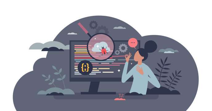 Automated software test with effective bug error checking tiny person concept, transparent background. Automation computer system with programming code analysis and website audit.