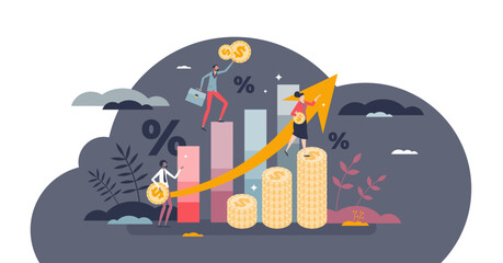 Economy forecast as future financial situation prediction tiny person concept, transparent background. Stock market growth with wealth upward trend and increase budget illustration.
