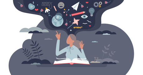 Expanding knowledge horizon with personal mind education training tiny person concept, transparent background. Academic wisdom growth with various competences illustration.
