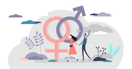 Gender illustration, transparent background. Classical orientation flat tiny persons concept. Heterosexual couple holding hands near man and woman arrow symbols.