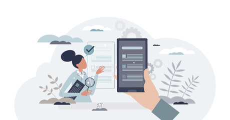 Quality assurance engineering with software control tiny person concept, transparent background.IT process testing and satisfaction monitoring illustration.