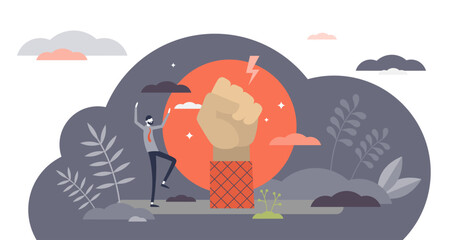 Rebel illustration, transparent background. Revolution protest flat tiny persons concept. Riot and strength gesture as force and aggressive symbol.
