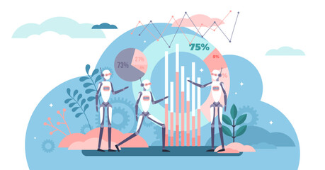 Research robots illustration tiny persons concept, transparent background. Automated analytic process, bots studying business information data to make new solution project or knowledge report.