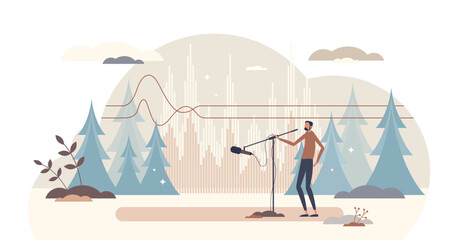 Soundscape recording with nature environment music tiny person concept, transparent background. Outdoors forest noise record with microphone illustration.