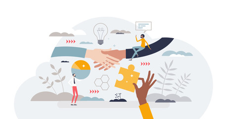 Stakeholder management and business partners agreement, deal or collaboration tiny person concept, transparent background. Investors and company owner relationship control illustration.