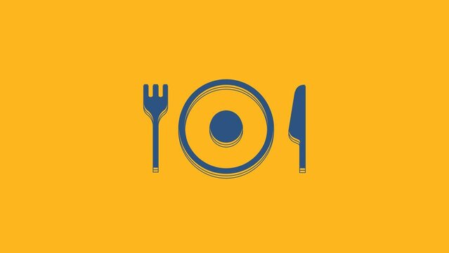 Blue Plate, fork and knife icon isolated on orange background. Cutlery symbol. Restaurant sign. 4K Video motion graphic animation