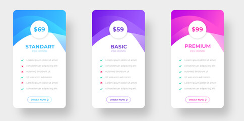 pricing plans table and pricing chart Price list  for web or app. Ui UX pricing design tables with tariffs, subscription features checklist and business plans. Product Comparison business web plans.