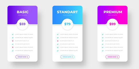 pricing plans table and pricing chart Price list  for web or app. Ui UX pricing design tables with tariffs, subscription features checklist and business plans. Product Comparison business web plans. - obrazy, fototapety, plakaty