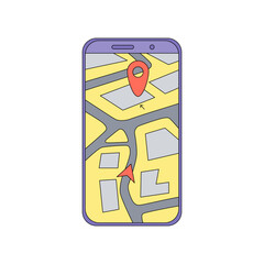 A map on a smartphone in cartoon style. Vector illustration isolated on a white