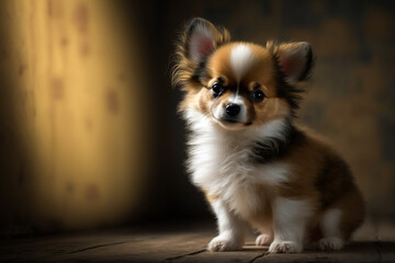Portrait of a small cute puppy dog on a dark background. Generative aiPortrait of a small cute puppy dog on a dark background. Generative ai