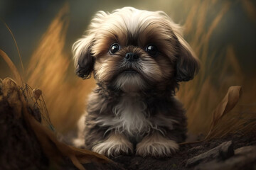 Portrait of a small cute puppy dog on a dark background. Generative aiPortrait of a small cute puppy dog on a dark background. Generative ai