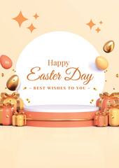 Happy easter day celebration card with colorful egg and bunnies. Vector illustration banner or poster