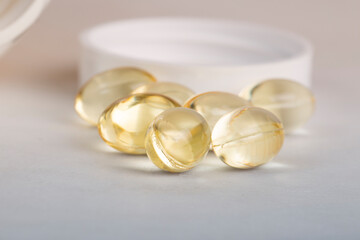Vitamin D in capsules on a white background.Biologically active additive. additional vitamins for humans.