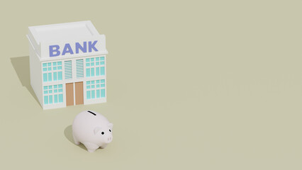3D render illustration of a white piggy bank next to a bank building. Porcelain piggy bank concept for developing web pages, online services. Concepts on the theme of finance and savings and banks