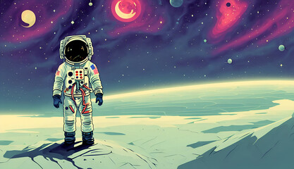 Obraz premium astronaut in spacesuit on alien planet in space night background new quality universal joyful colorful stock image universe illustration wallpaper design, Generative AI