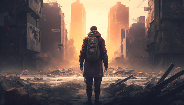 A man standing against the backdrop of a ruined city, ruined city buildings, flying debris and debris, fire and smoke. A post-apocalyptic plot. Surviving alone