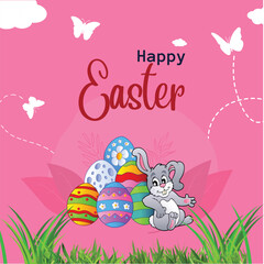 Happy easter day celebration card with colorful egg and bunnies. Vector illustration banner or poster