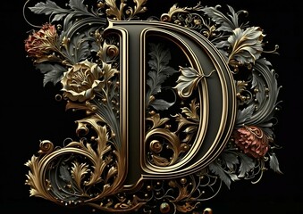 Monogram, the letter D, gilded, glam, floral, neutral tone