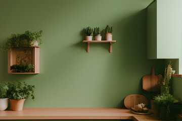 Kitchen room with analog-inspired green wall panel mockup and wooden display shelf. Generative AI illustration.