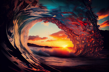 Tropical blue surfing wave. Sunshine in the wave barrel. Generative Ai. No people. Beautiful deep blue tube wave in the Ocean.