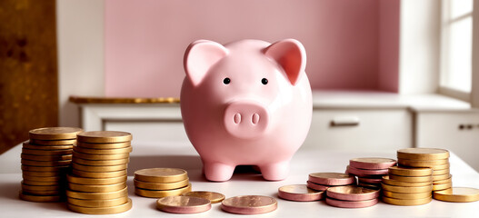 Pink piggy bank with coins on the table, saving money concept. Generative AI