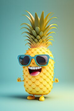 Naklejki Cute Cartoon Pineapple Character with Sunglasses (Created with Generative AI)