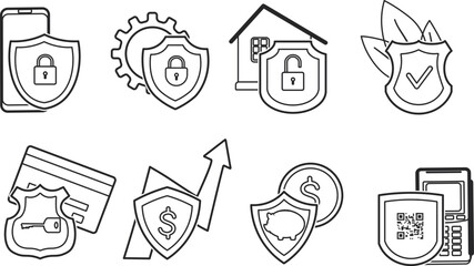 Vector illustration of a set of shields. Outline simple drawing, finance protection, home security, secure payment