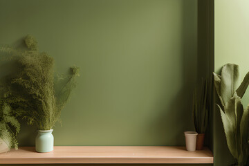 This AI-created illustration shows a kitchen with a wooden display shelf with herbs and plants and a green wall panel template as prominent features.