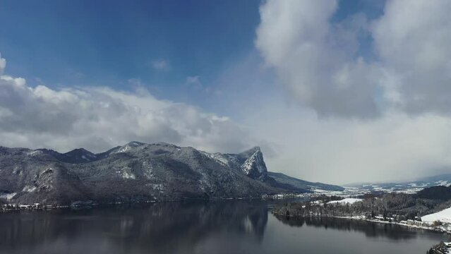 aerial view of mondsee with mountain drachenwand,austrian region salzkammergut,travel photography by drone,