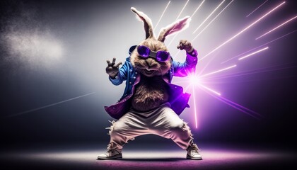 Obraz na płótnie Canvas Hilarious Easter Bunny Dancing on Stage for Easter Festivities. AI generative.
