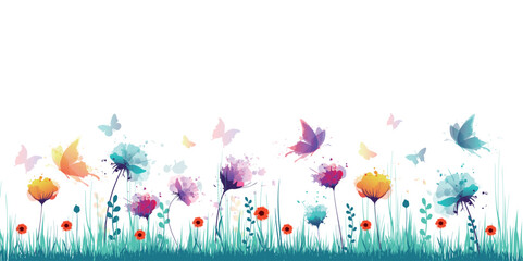 farfalle, impollinazione, fiori, piante, primavera, campo fiorito, acquarello - 577799163