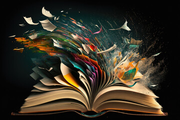 Magic books fly . AI generated art illustration. - obrazy, fototapety, plakaty