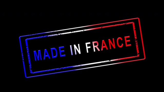 Animation of made in France stamp isolated from alpha channel.3d.Made in France is a merchandise mark indicating that a product is all planned, manufactured and packed in France.French flag